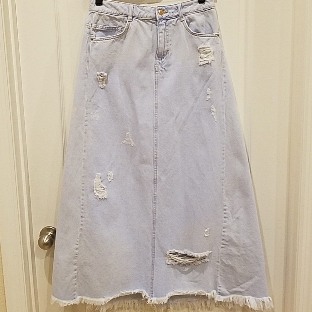 Destroyed denim maxi skirt